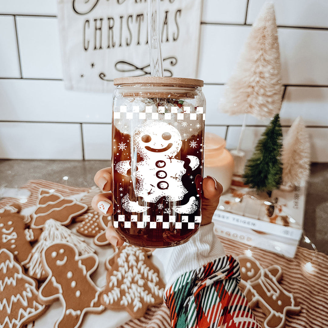 Retro Gingerbread Glass Tumbler 17oz Bamboo Lid Straw Christmas Fun Holiday Gift