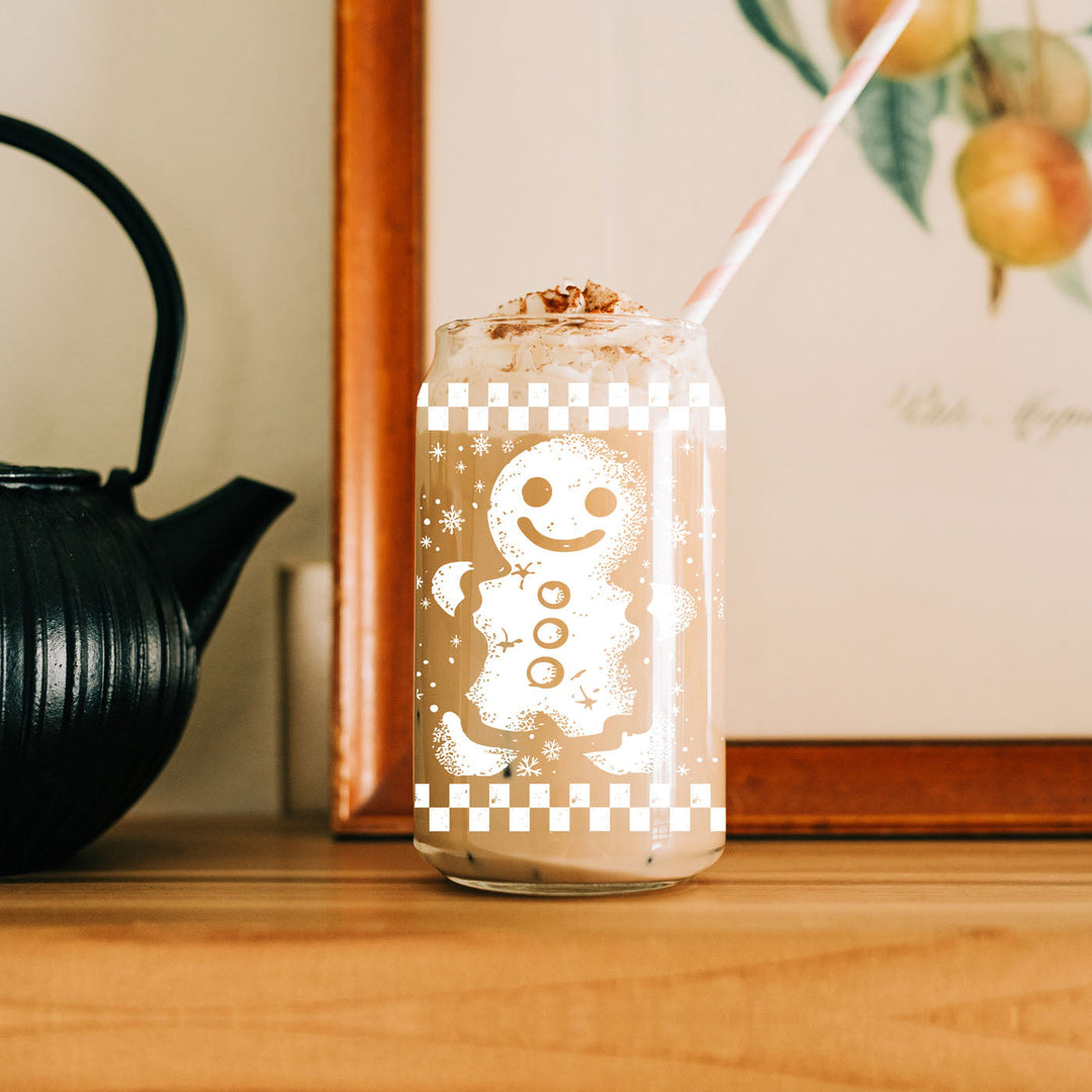 Retro Gingerbread Glass Tumbler 17oz Bamboo Lid Straw Christmas Fun Holiday Gift