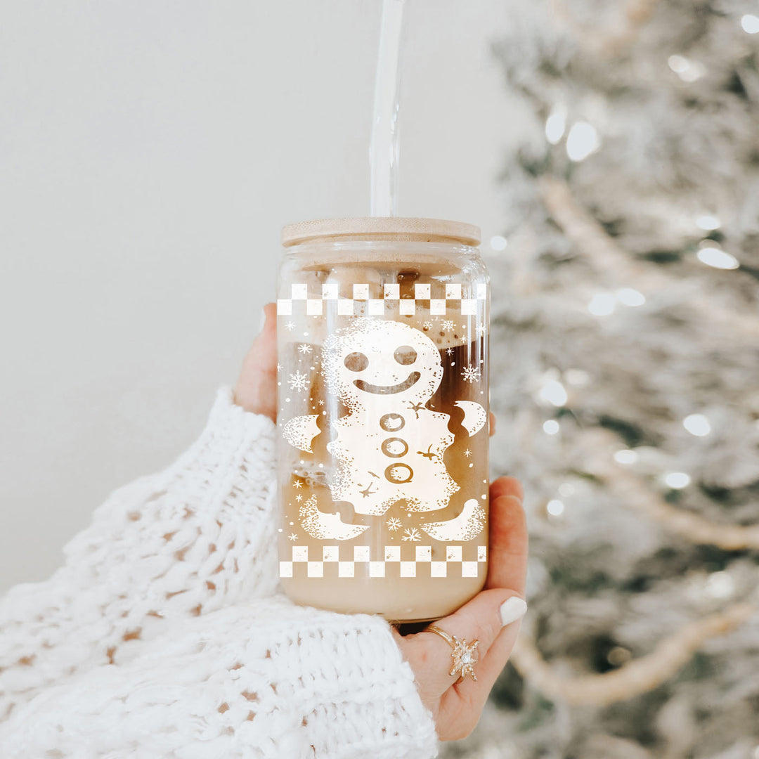 Retro Gingerbread Glass Tumbler 17oz Bamboo Lid Straw Christmas Fun Holiday Gift