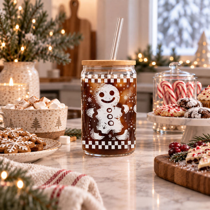 Retro Gingerbread Glass Tumbler 17oz Bamboo Lid Straw Christmas Fun Holiday Gift
