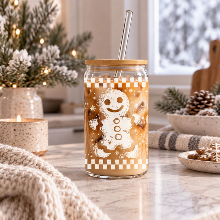 Retro Gingerbread Glass Tumbler 17oz Bamboo Lid Straw Christmas Fun Holiday Gift