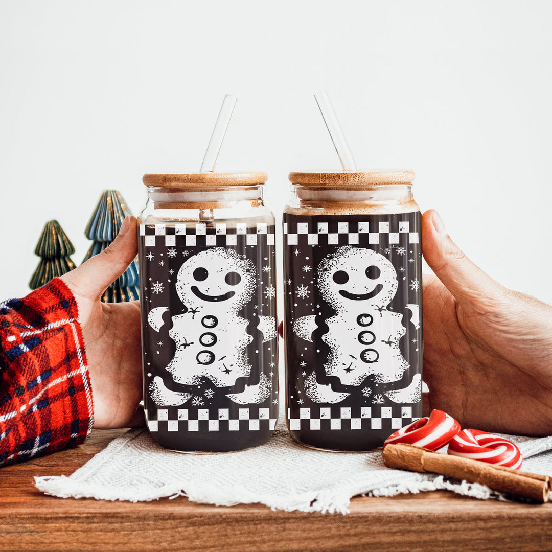 Retro Gingerbread Glass Tumbler 17oz Bamboo Lid Straw Christmas Fun Holiday Gift
