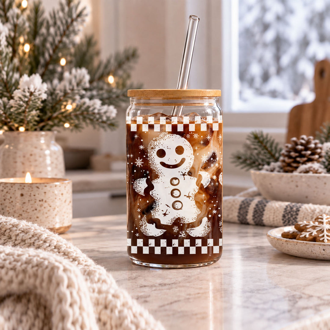 Retro Gingerbread Glass Tumbler 17oz Bamboo Lid Straw Christmas Fun Holiday Gift