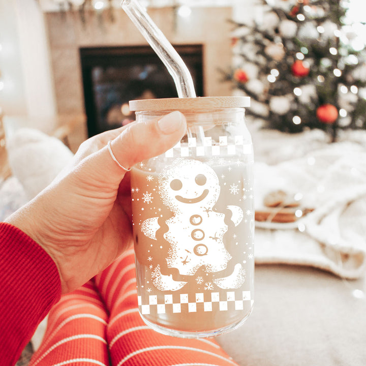 Retro Gingerbread Glass Tumbler 17oz Bamboo Lid Straw Christmas Fun Holiday Gift