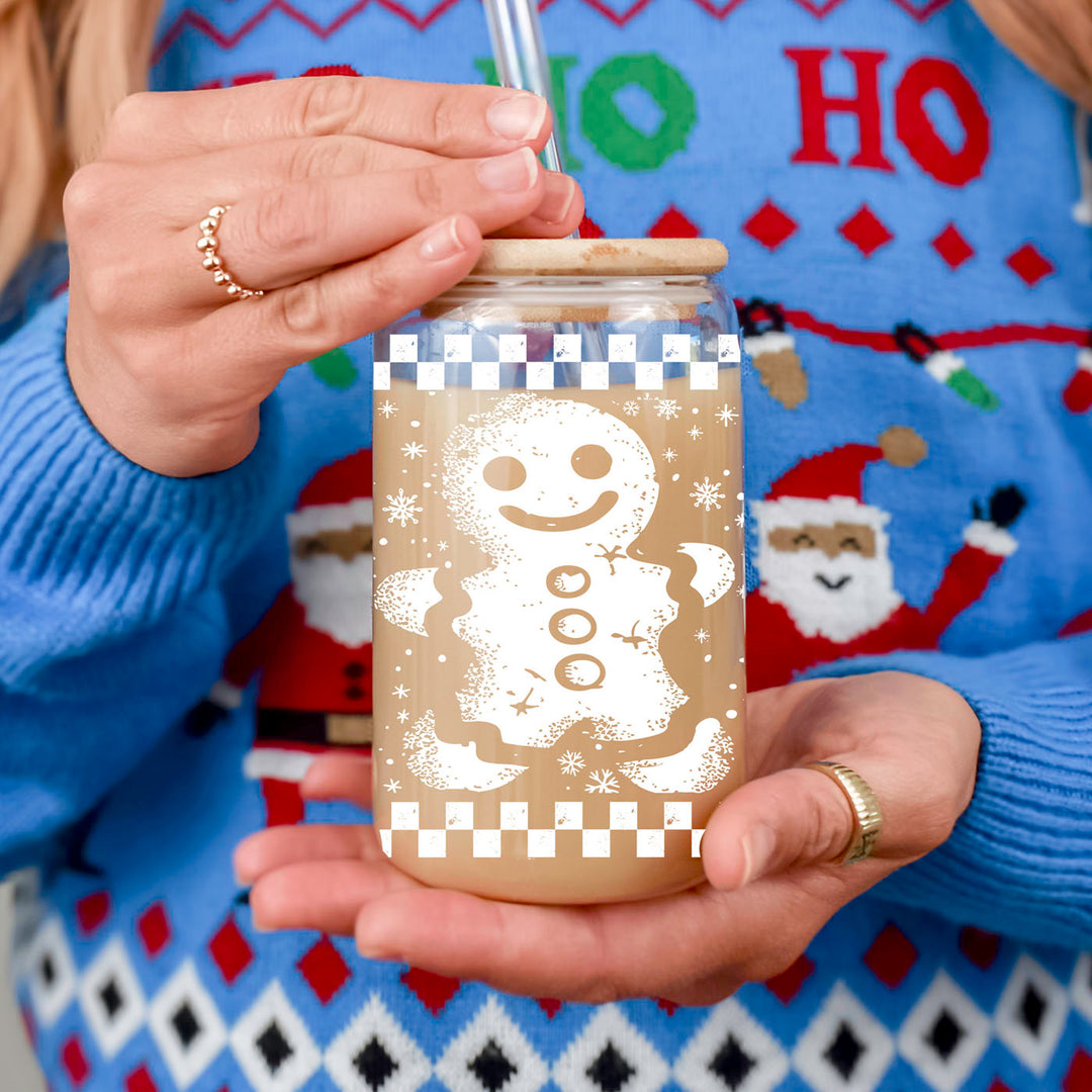 Retro Gingerbread Glass Tumbler 17oz Bamboo Lid Straw Christmas Fun Holiday Gift