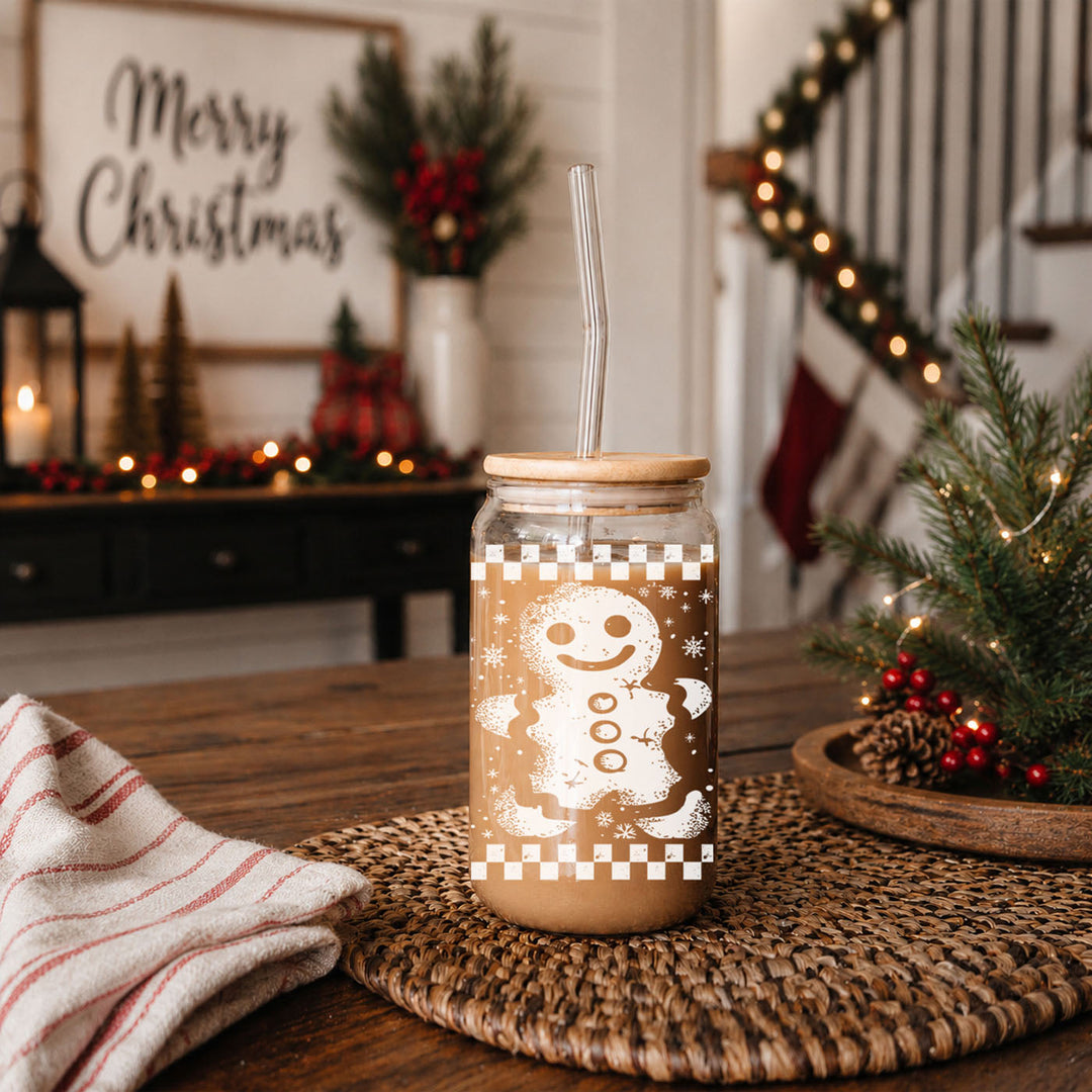 Retro Gingerbread Glass Tumbler 17oz Bamboo Lid Straw Christmas Fun Holiday Gift