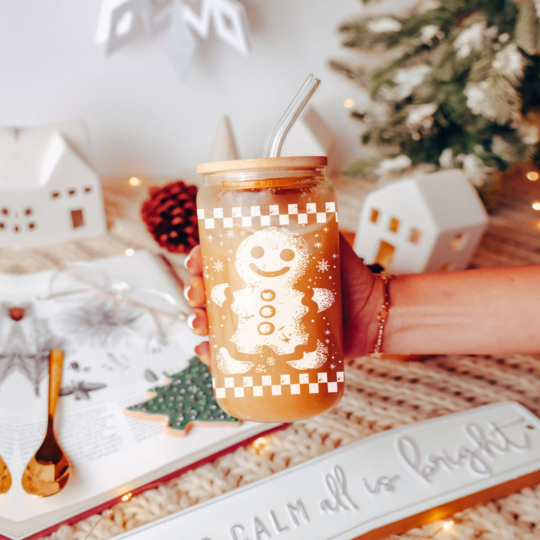 Retro Gingerbread Glass Tumbler 17oz Bamboo Lid Straw Christmas Fun Holiday Gift