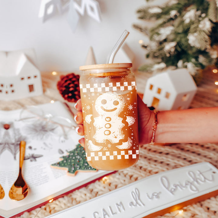 Retro Gingerbread Glass Tumbler 17oz Bamboo Lid Straw Christmas Fun Holiday Gift