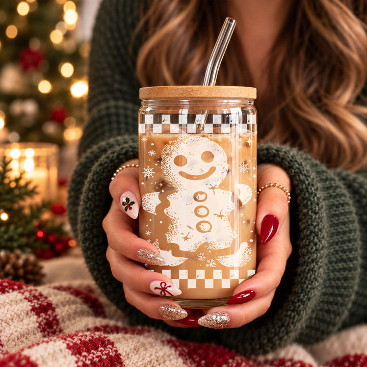 Retro Gingerbread Glass Tumbler 17oz Bamboo Lid Straw Christmas Fun Holiday Gift
