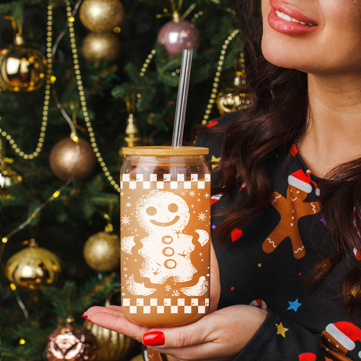 Retro Gingerbread Glass Tumbler 17oz Bamboo Lid Straw Christmas Fun Holiday Gift