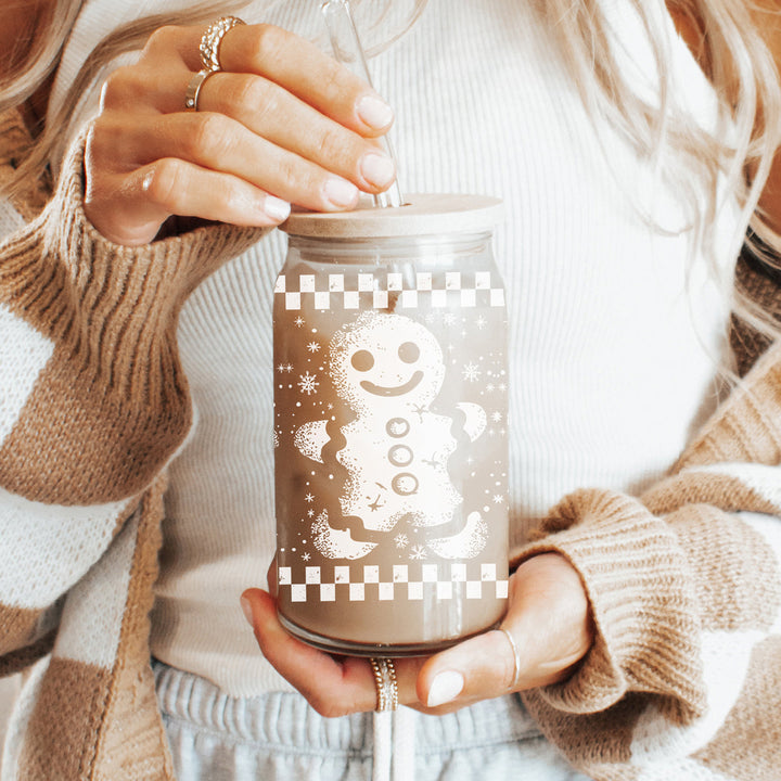 Retro Gingerbread Glass Tumbler 17oz Bamboo Lid Straw Christmas Fun Holiday Gift