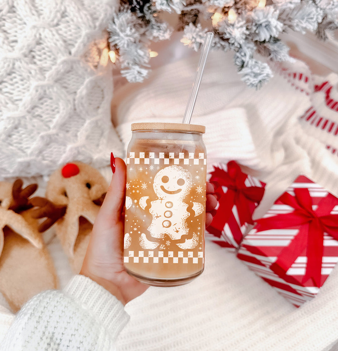 Retro Gingerbread Glass Tumbler 17oz Bamboo Lid Straw Christmas Fun Holiday Gift