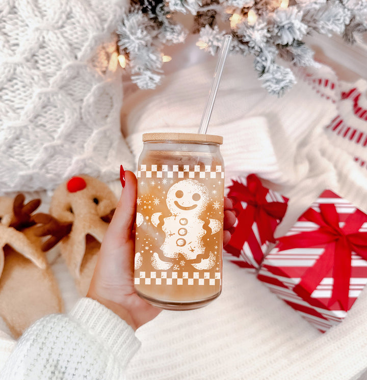 Retro Gingerbread Glass Tumbler 17oz Bamboo Lid Straw Christmas Fun Holiday Gift