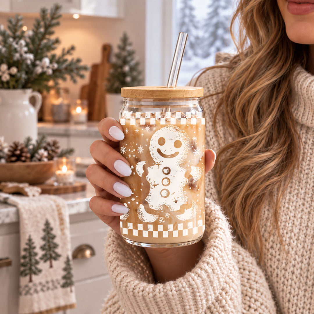 Retro Gingerbread Glass Tumbler 17oz Bamboo Lid Straw Christmas Fun Holiday Gift