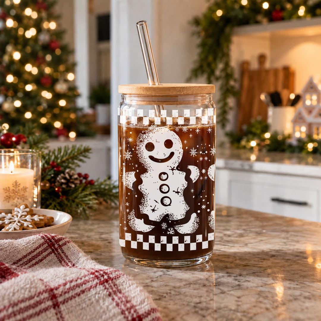 Retro Gingerbread Glass Tumbler 17oz Bamboo Lid Straw Christmas Fun Holiday Gift