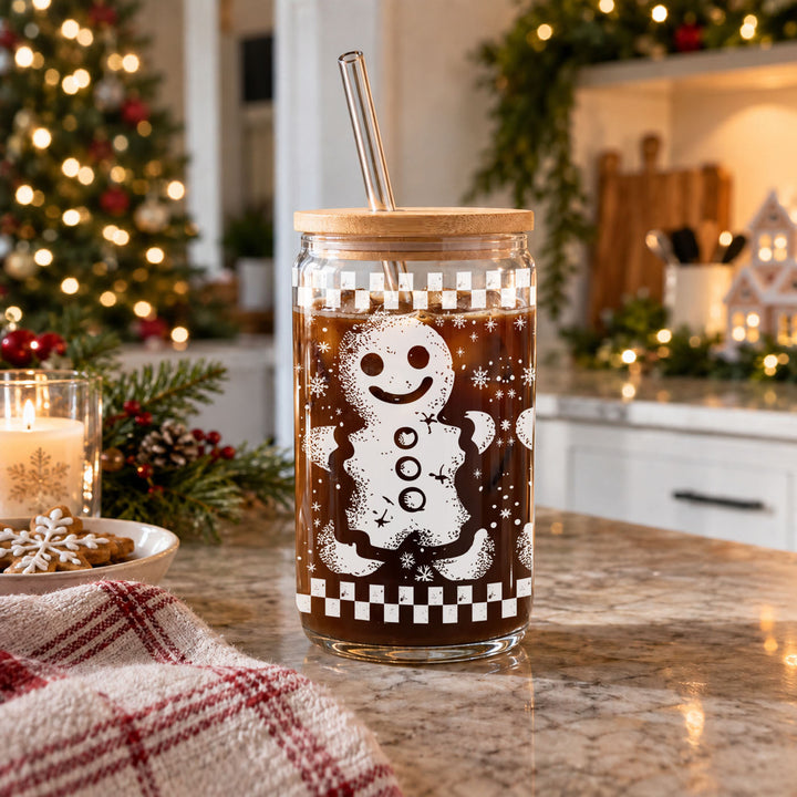 Retro Gingerbread Glass Tumbler 17oz Bamboo Lid Straw Christmas Fun Holiday Gift