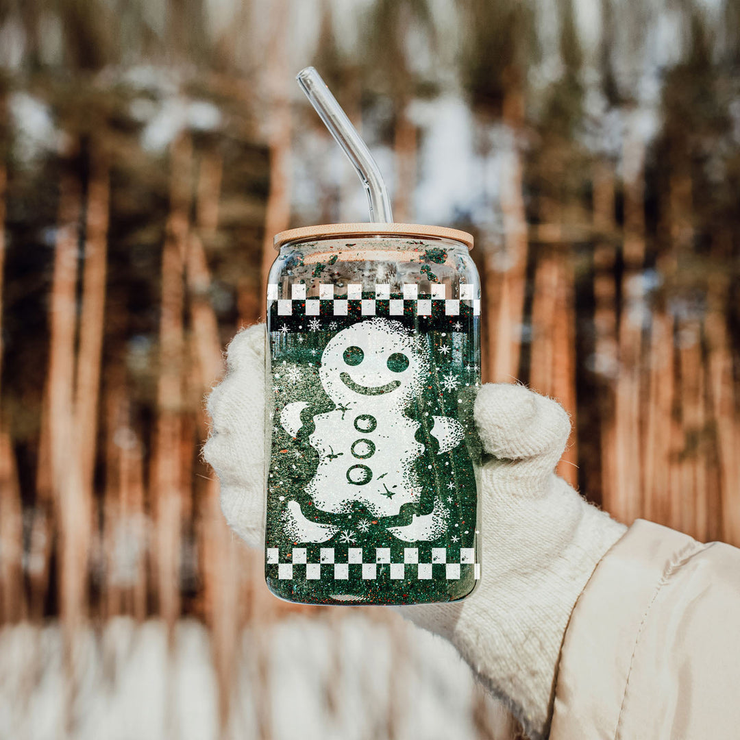 Retro Gingerbread Glass Tumbler 17oz Bamboo Lid Straw Christmas Fun Holiday Gift