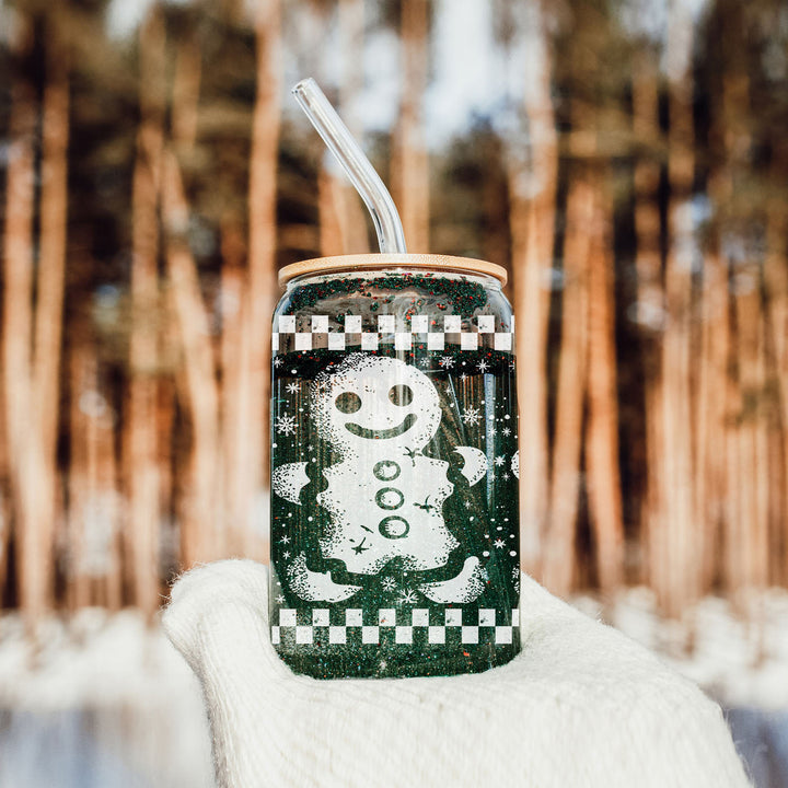 Retro Gingerbread Glass Tumbler 17oz Bamboo Lid Straw Christmas Fun Holiday Gift