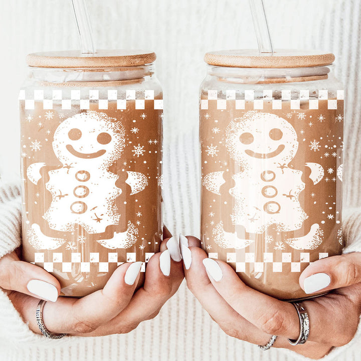 Retro Gingerbread Glass Tumbler 17oz Bamboo Lid Straw Christmas Fun Holiday Gift