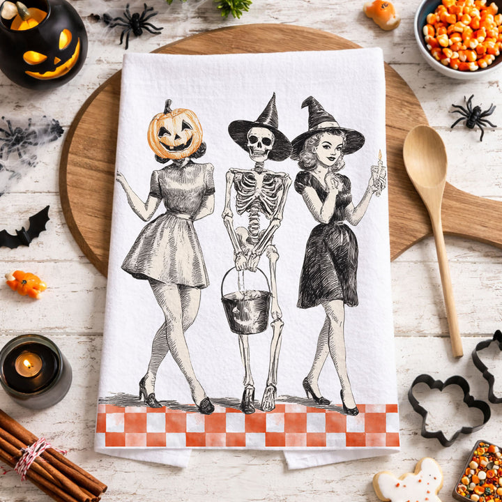 Vintage Halloween Trio Kitchen Tea Towel Pumpkin Skeleton Witch Decor Great Gift