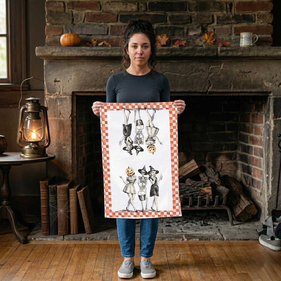 Vintage Halloween Trio Kitchen Tea Towel Pumpkin Skeleton Witch Decor Great Gift