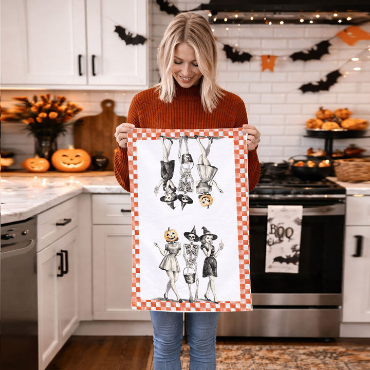 Vintage Halloween Trio Kitchen Tea Towel Pumpkin Skeleton Witch Decor Great Gift