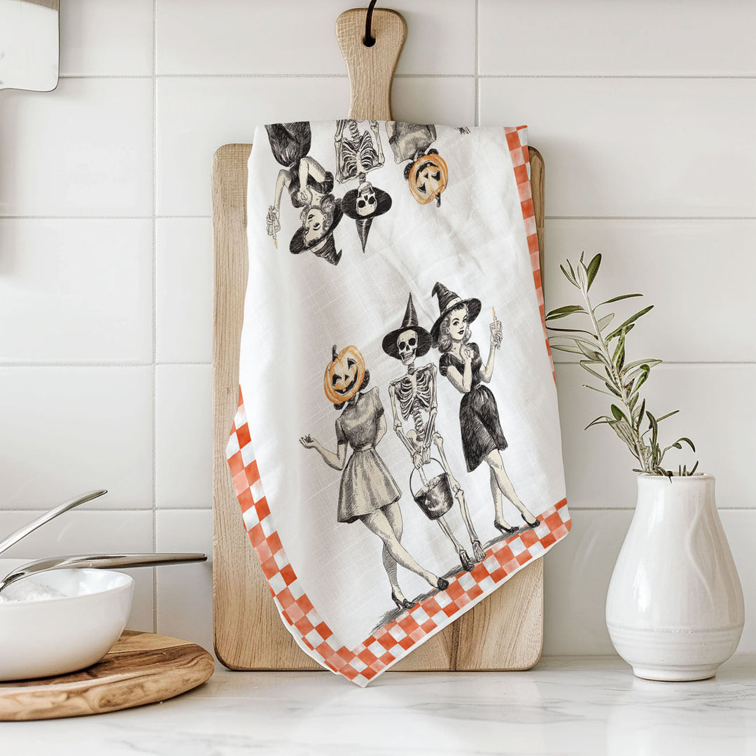 Vintage Halloween Trio Kitchen Tea Towel Pumpkin Skeleton Witch Decor Great Gift