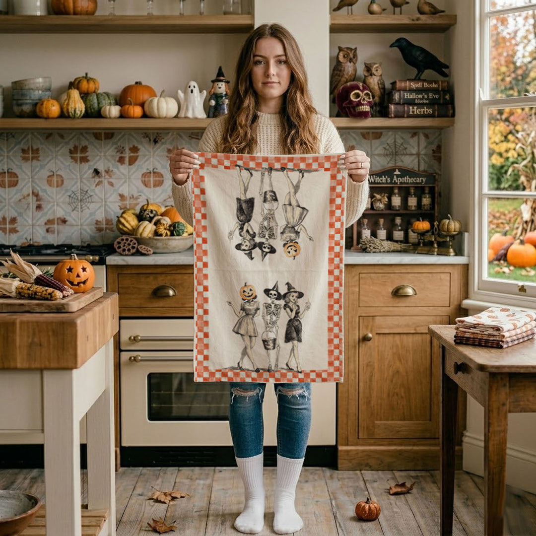 Vintage Halloween Trio Kitchen Tea Towel Pumpkin Skeleton Witch Decor Great Gift