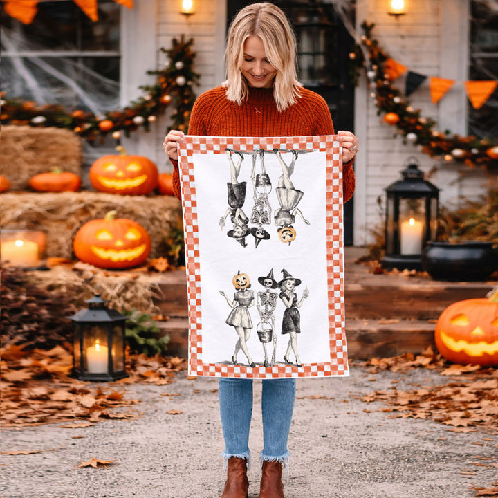 Vintage Halloween Trio Kitchen Tea Towel Pumpkin Skeleton Witch Decor Great Gift
