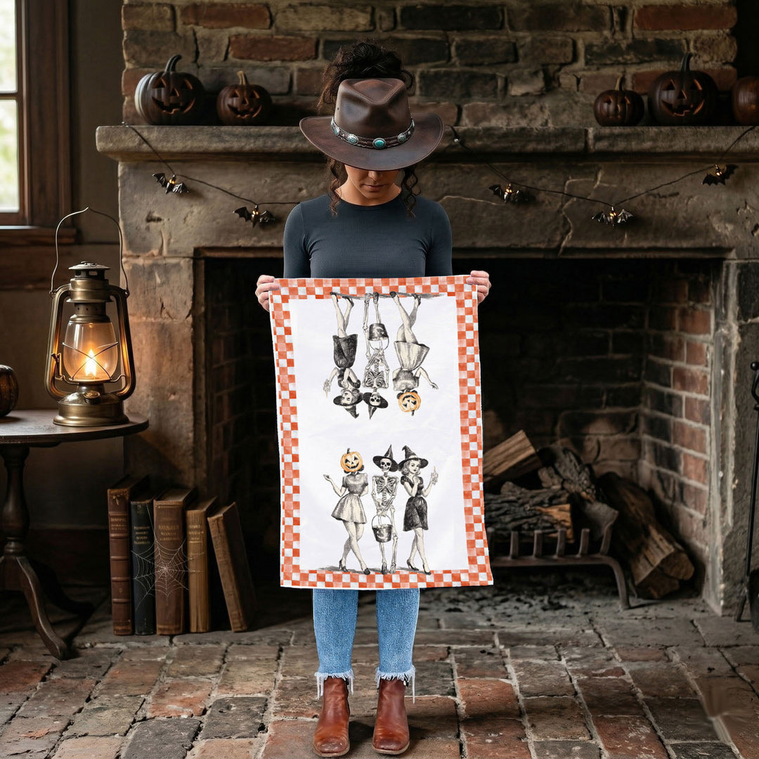 Vintage Halloween Trio Kitchen Tea Towel Pumpkin Skeleton Witch Decor Great Gift