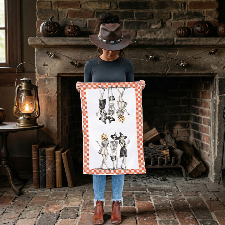 Vintage Halloween Trio Kitchen Tea Towel Pumpkin Skeleton Witch Decor Great Gift