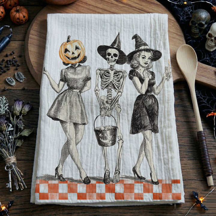 Vintage Halloween Trio Kitchen Tea Towel Pumpkin Skeleton Witch Decor Great Gift