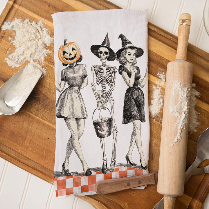 Vintage Halloween Trio Kitchen Tea Towel Pumpkin Skeleton Witch Decor Great Gift