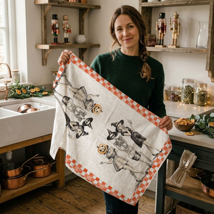 Vintage Halloween Trio Kitchen Tea Towel Pumpkin Skeleton Witch Decor Great Gift