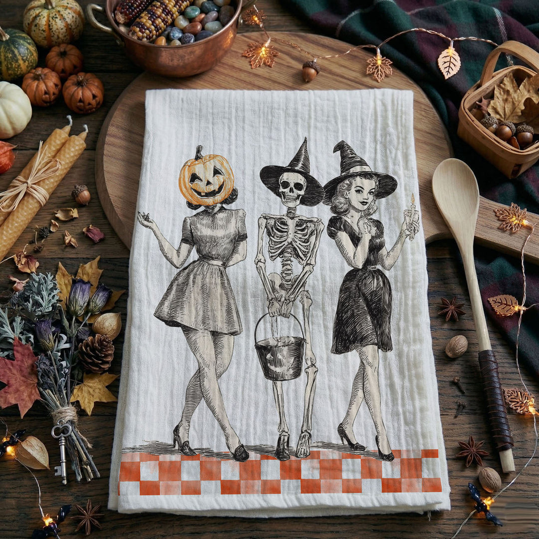 Vintage Halloween Trio Kitchen Tea Towel Pumpkin Skeleton Witch Decor Great Gift