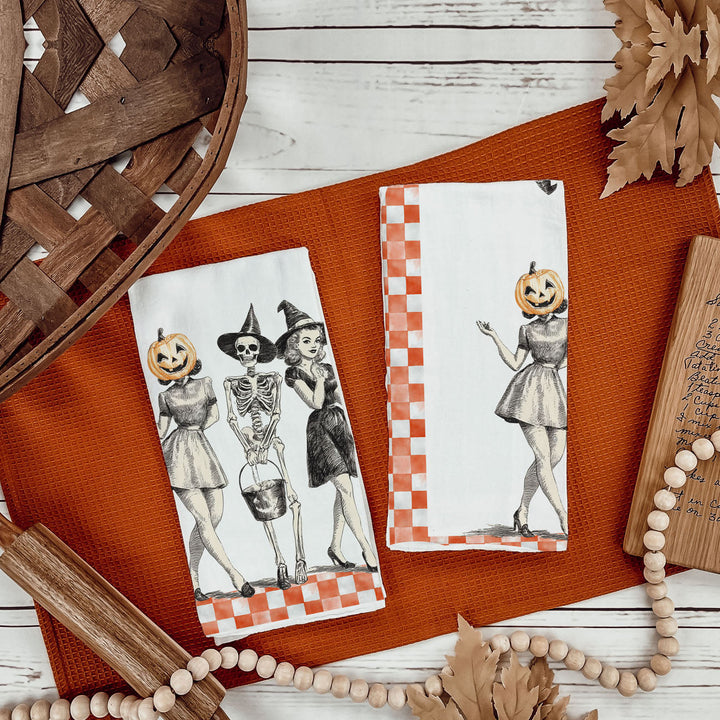 Vintage Halloween Trio Kitchen Tea Towel Pumpkin Skeleton Witch Decor Great Gift