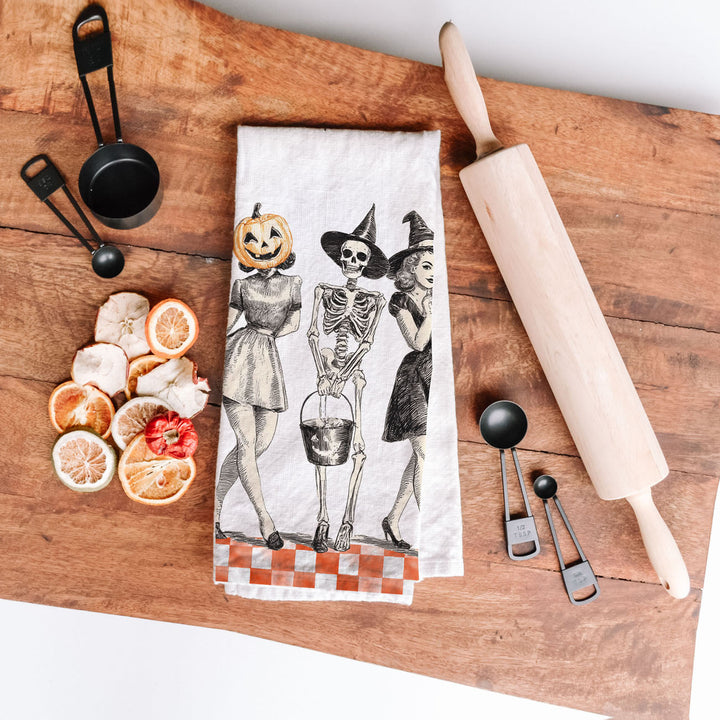 Vintage Halloween Trio Kitchen Tea Towel Pumpkin Skeleton Witch Decor Great Gift