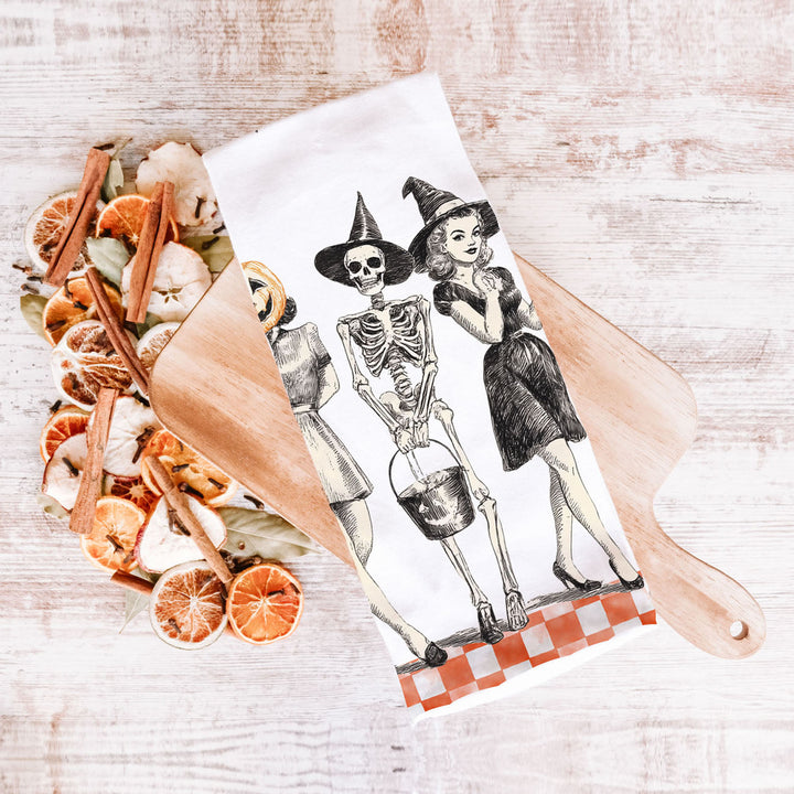 Vintage Halloween Trio Kitchen Tea Towel Pumpkin Skeleton Witch Decor Great Gift
