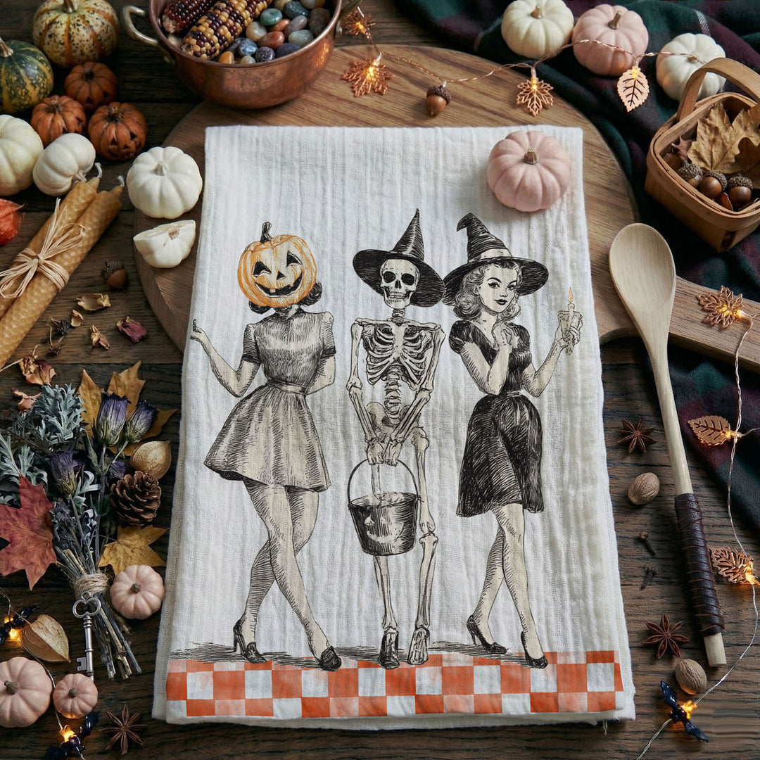 Vintage Halloween Trio Kitchen Tea Towel Pumpkin Skeleton Witch Decor Great Gift