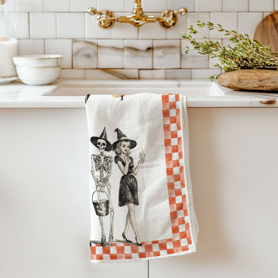 Vintage Halloween Trio Kitchen Tea Towel Pumpkin Skeleton Witch Decor Great Gift
