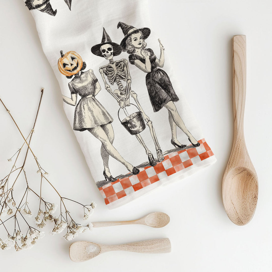 Vintage Halloween Trio Kitchen Tea Towel Pumpkin Skeleton Witch Decor Great Gift