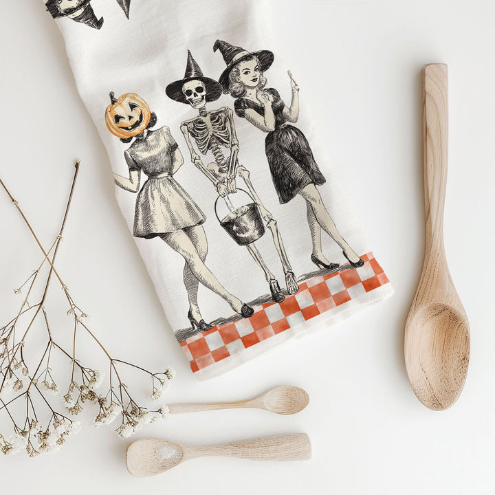 Vintage Halloween Trio Kitchen Tea Towel Pumpkin Skeleton Witch Decor Great Gift