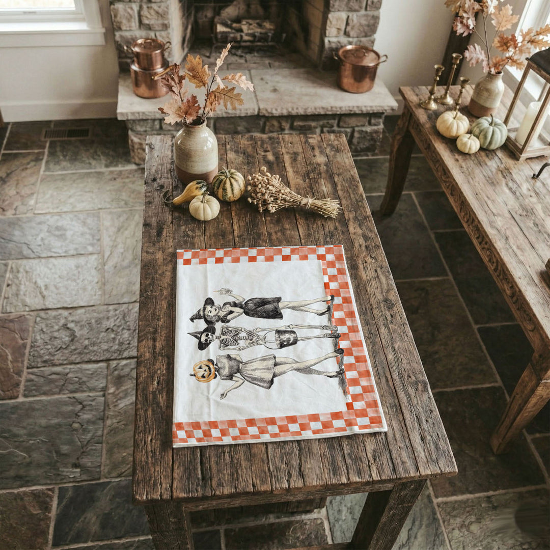 Vintage Halloween Trio Kitchen Tea Towel Pumpkin Skeleton Witch Decor Great Gift
