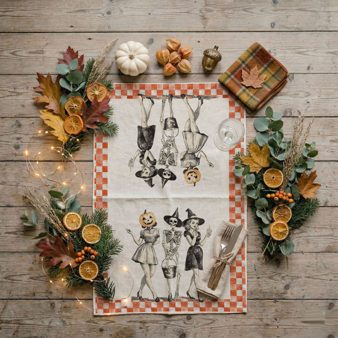 Vintage Halloween Trio Kitchen Tea Towel Pumpkin Skeleton Witch Decor Great Gift