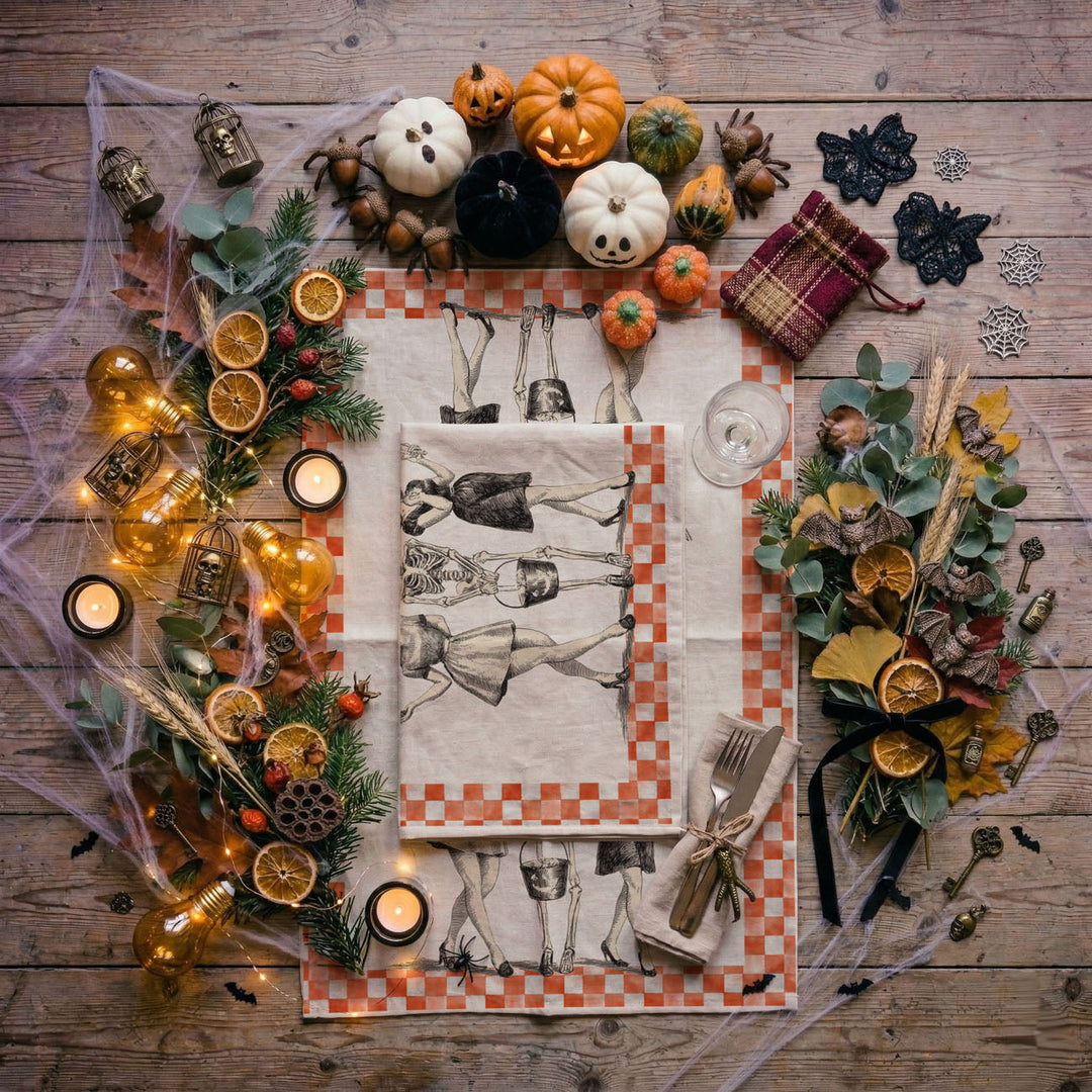 Vintage Halloween Trio Kitchen Tea Towel Pumpkin Skeleton Witch Decor Great Gift