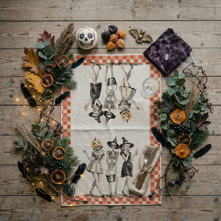 Vintage Halloween Trio Kitchen Tea Towel Pumpkin Skeleton Witch Decor Great Gift