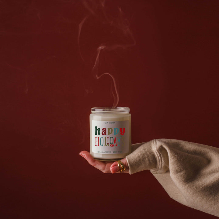 Happy Holiday Scented Soy Blend Candle Pine Orange Woods 9oz Jar Great Gift Idea