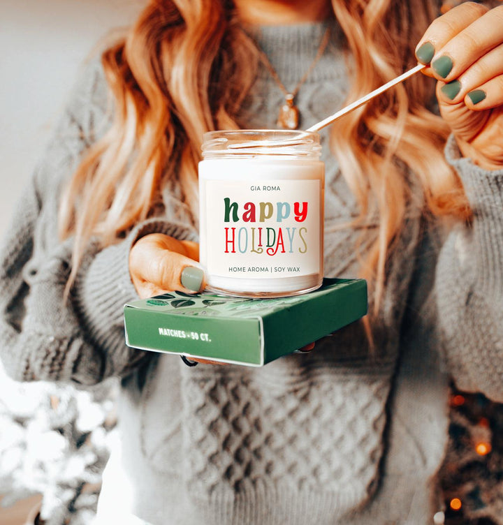Happy Holiday Scented Soy Blend Candle Pine Orange Woods 9oz Jar Great Gift Idea