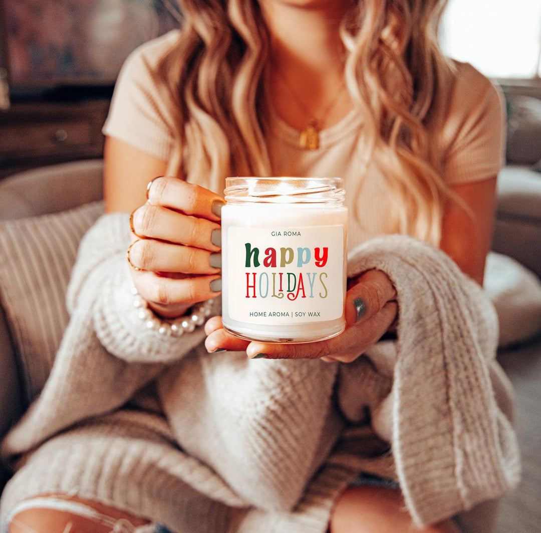 Happy Holiday Scented Soy Blend Candle Pine Orange Woods 9oz Jar Great Gift Idea