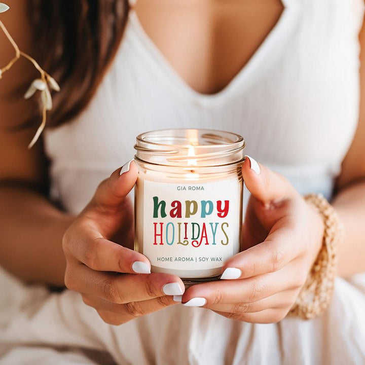 Happy Holiday Scented Soy Blend Candle Pine Orange Woods 9oz Jar Great Gift Idea